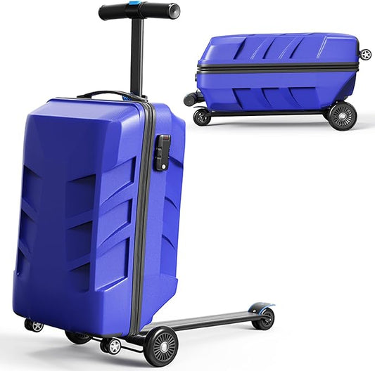 Scooter Suitcase 3-D Hardshell Ride Scooter Luggage for Kids Age 7-15, Cute Lightweight Kids Luggage with Wheels, Girls&Boys Multifunctional Ride On Travel Trolley Scooter Combo-Blue