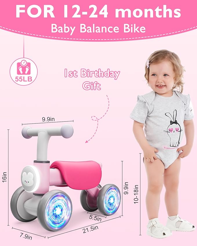 Colorful Lighting Baby Balance Bike for 1 Year Old Girls, Toddler Toys for 1 Year Old Girls Gifts, First Bike with Music and Soft Seat, 12-24 Month Toddler Balance Bike, First Birthday Gifts