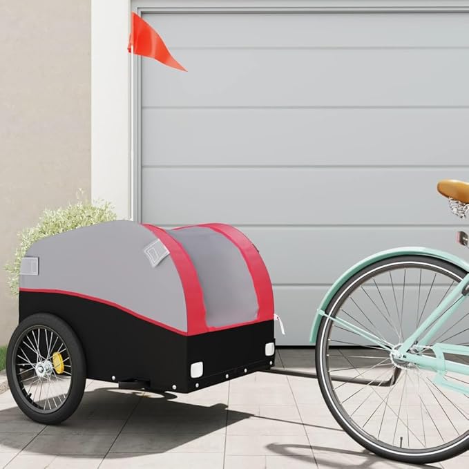 Bike Wagon Trailer, Bike Cart with Safety Flag, Bike Trailer Bicycle Cargo Trailer, Black and Red 99.2 lb Iron, 49.6"x24.8"x24.8"
