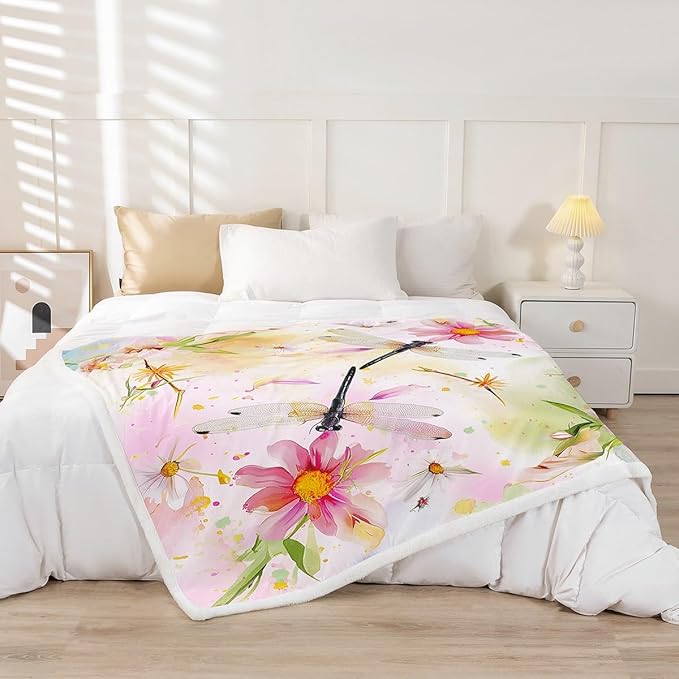 Feelyou Dragonfly Sherpa Blanket for Girls Women Colorful Floral Throw Beautiful Dragonflies Plush Pink Flowers Room Decor Animal Fuzzy Sofa Bed Couch, 50x60 Inch