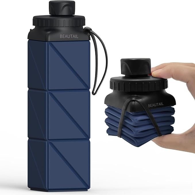 Collapsible Water Bottles, Silicone Foldable Water Bottle 610ml, Portable Lightweight Reusable Leakproof Bottle for Gym Travel Camping Hiking Sports Outdoor, 1 Pack (Dark Blue)