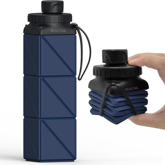 Collapsible Water Bottles, Silicone Foldable Water Bottle 610ml, Portable Lightweight Reusable Leakproof Bottle for Gym Travel Camping Hiking Sports Outdoor, 1 Pack (Dark Blue)