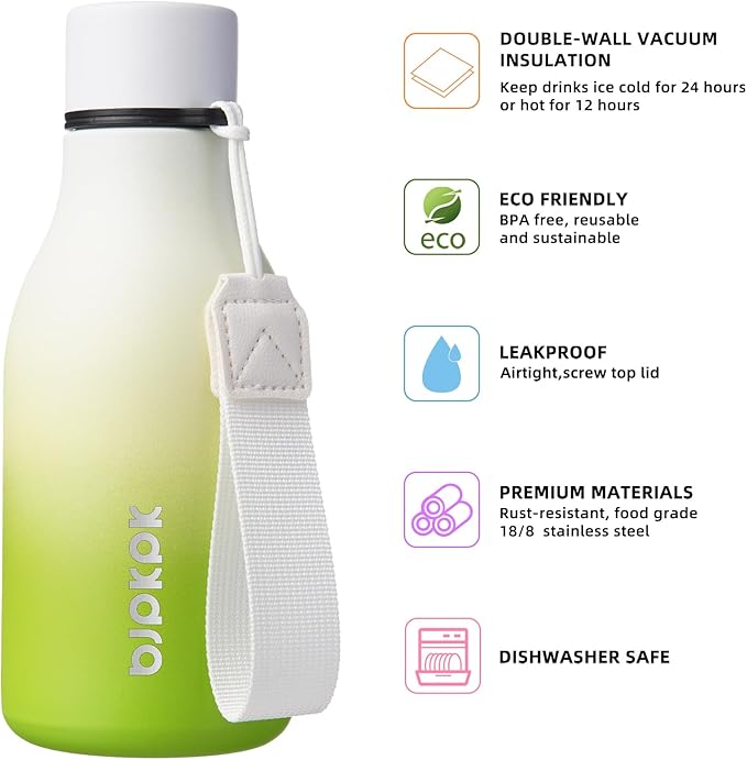 BJPKPK Insulated Water Bottles, 12oz Stainless Steel Metal Water Bottle with Strap, BPA Free Leak Proof Thermos, Mugs, Flasks, Reusable Water Bottle for Sports & Travel, Elegant Green
