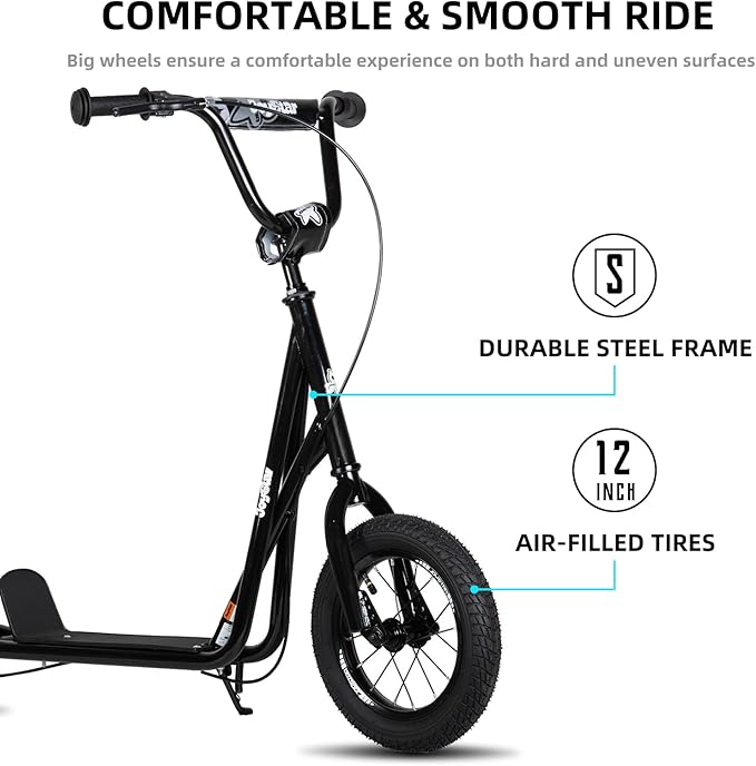 JOYSTAR Kick Scooter for Ages 5-9 Years Old Boys Girls, 12 Inch Big Wheels Scooters for Kids, Teens and Adults, Rear Brake and Adjustable Handlebar, Kids Scooter