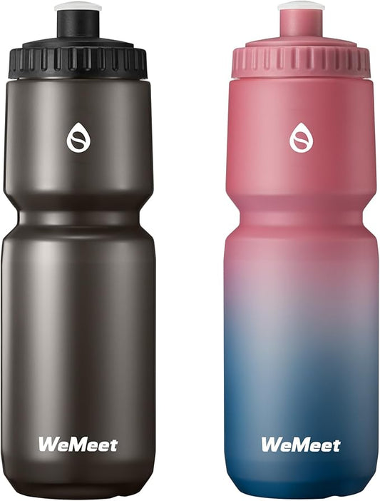 Sport Squeeze Water Bottle with Capacity Scale, 32oz Bike Water Bottle with Bite Valve, for Cycling, Running, Fitness (Black & Red Blue, 2-Pack)