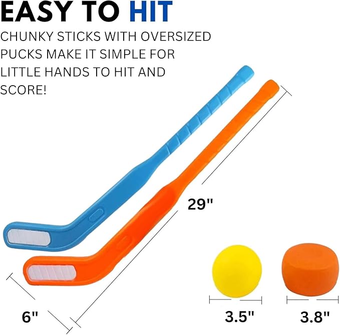 Kids Floor Hockey Stick Bulk Set - 29" Youth Indoor Toys Sports Starter Set with Large Plastic Pucks and Balls for Toddlers, Children (6 Pack)