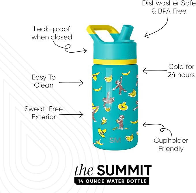 Simple Modern Kids Summit Water Bottle with Straw Lid | Curious George 14oz Stainless Steel Cup Insulated Tumbler for Toddlers, School | Monkeying Around