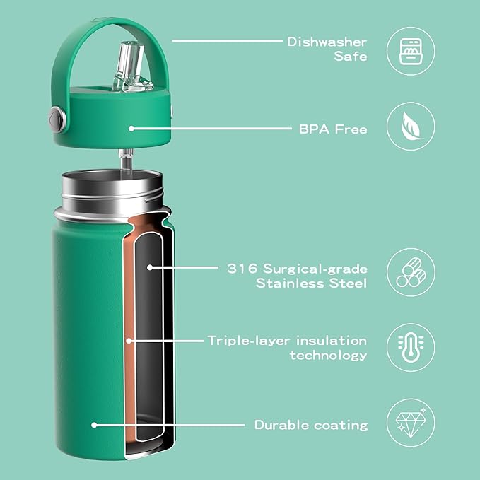 OISIZ Kids Water Bottle with Straw Lid 14oz, Vacuum Insulated 316 Stainless Steel Water Bottles for Kids for School, Leakproof Water Bottle, BPA Free and Keep Cold for 24 Hours