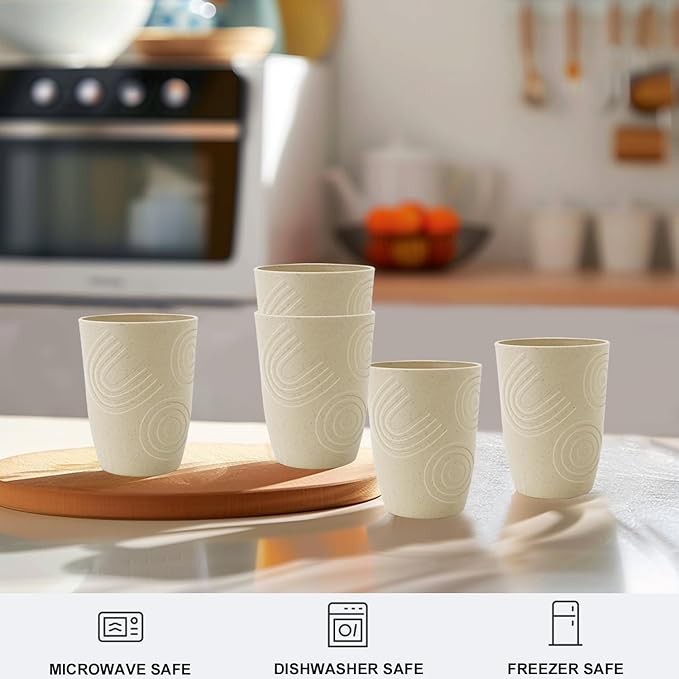 12 oz Wheat Straw Cups Set of 6, Alternatives to Plastic Cups Reusable, Unbreakable Water Cups, Dishwasher Safe Kitchen Cup, Small Water Cups for Kitchen (Beige)