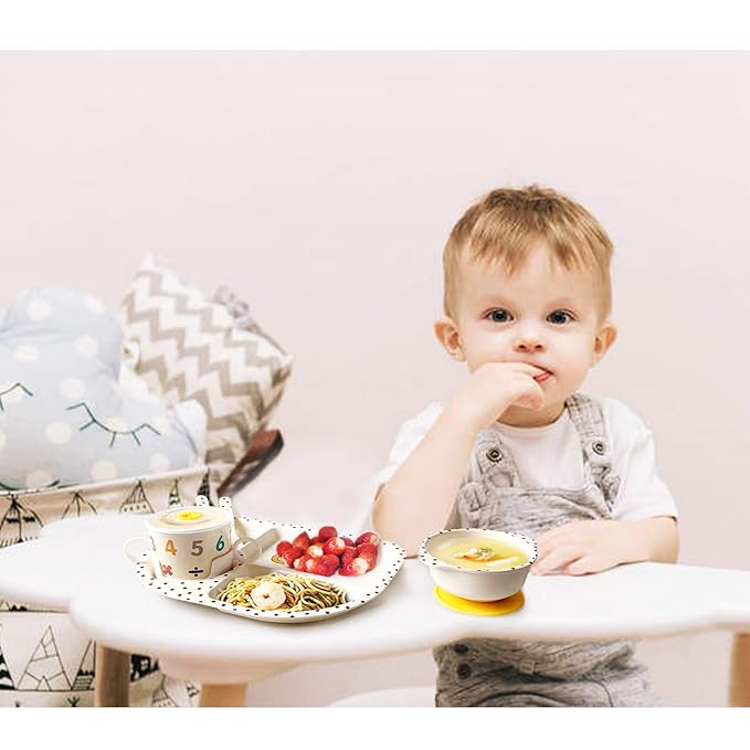 shopwithgreen 7Pcs/Set Bamboo Kids Dinnerware Set - Children Dishes - Food Plate Bowl Cup Spoon Fork Set Dishware, Cartoon Tableware, Dishwasher Safe Kids Healthy Mealtime, BPA Free