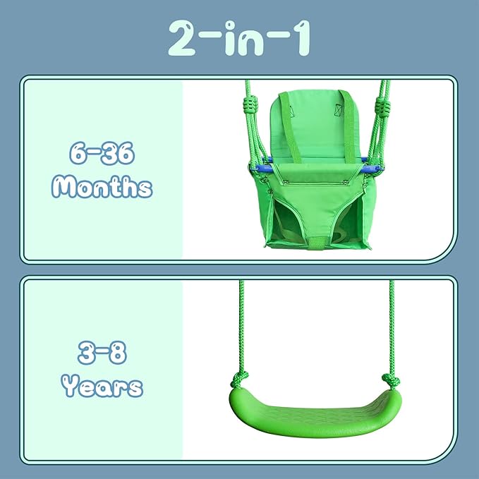 2-in-1 My First Toddler Swing Set for Backyard, Baby Indoor/Outdoor Swing with Foldable Stand, Belt & Soft Swing Seat with Safety Harness & Height Adjuster, Suitable for Children 6 Months and Older