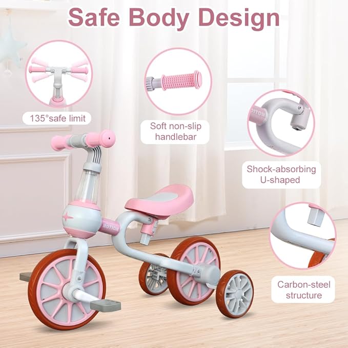XIAPIA 3 in 1 Toddler Bike for 2-4 Year Old Girl Boy, Kids Tricycle with Adjustable Seat, Detachable Pedal and Training Wheels, Baby Balance Bike Trikes Riding Toys, Kids Chirstmas Birthday Gifts Pink