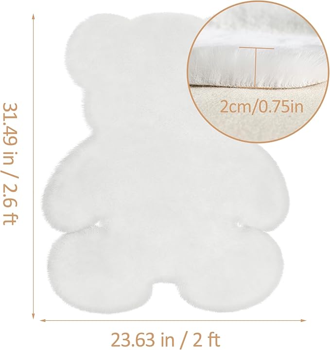 2ft White Small Bear Shag Rug, Soft Fluffy Faux Sheepskin Fur Rug Fuzzy Shaggy Area Rug Cute Plush Carpet for Nursery Kids Girls Bedroom Room Aesthetic Living Room Floor Home Decor, White