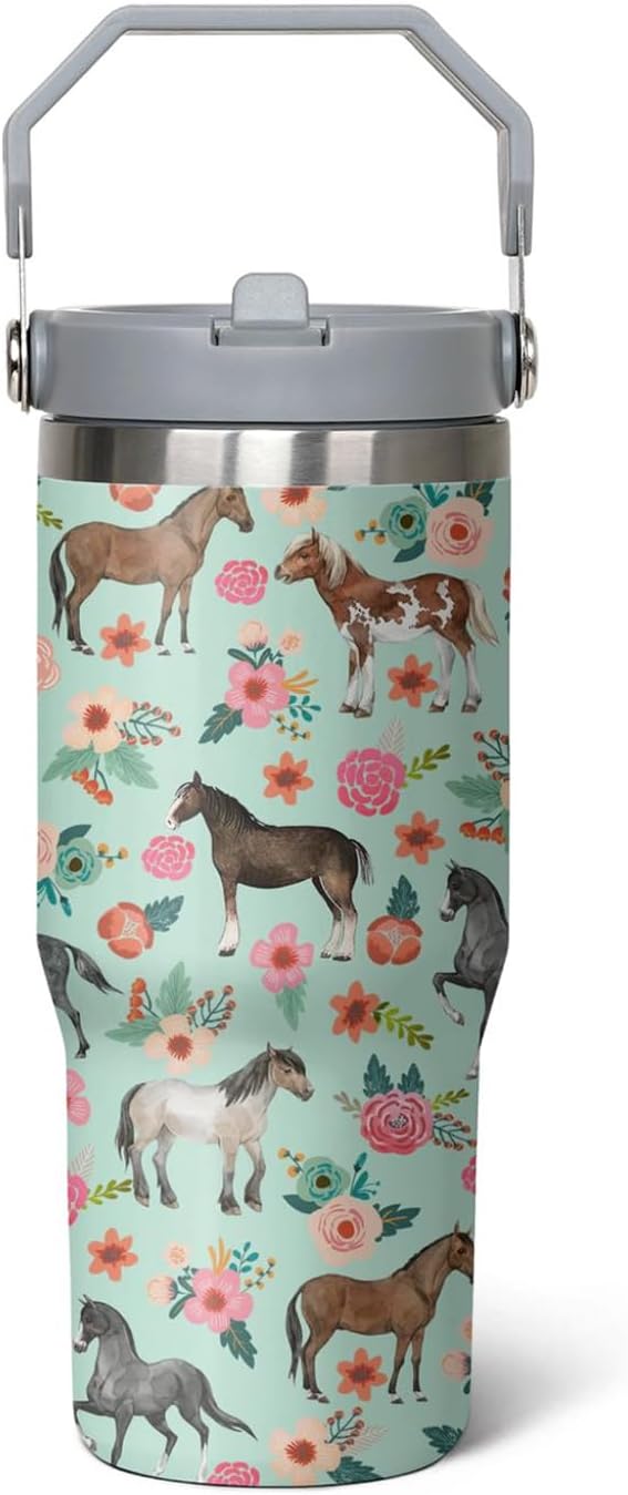 30 oz Horse Flip Straw Tumbler with Handle, Cute Floral Horse Insulated Stainless Tumbler Coffee Cups Water Bottle CoffeeTravel,Horses Gifts for Women Horse Lovers Girls