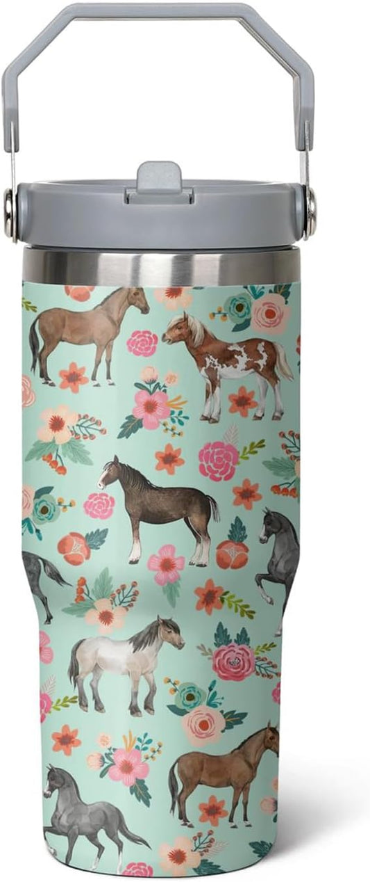 30 oz Horse Flip Straw Tumbler with Handle, Cute Floral Horse Insulated Stainless Tumbler Coffee Cups Water Bottle CoffeeTravel,Horses Gifts for Women Horse Lovers Girls