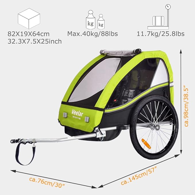 Veelar Sports Bike Trailer Double Seat for 1 or 2 Toddlers, Kids, Child Bicycle Carrier