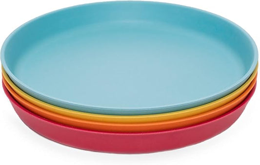 WeeSprout Bamboo Plates, Set of 4, Kid-Sized Dinnerware, Dishwasher Safe Melamine Dishware (Blue, Yellow, Orange, & Red, Without Lids)