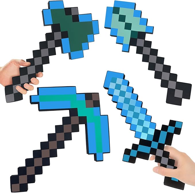 QRT 4 Pack EVA Foam Sword, Axe, Pickaxe and Shovel, Kids Role Play Toys for Halloween, Cosplay Video Game Parties (Blue Four Piece Set)
