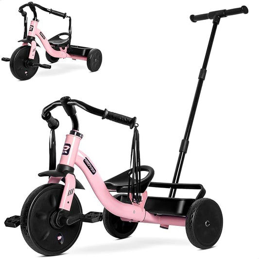 2-in-1 Tricycle for Toddlers Ages 1.5–3, Trike with Extended Push Handle, Removable Wagon-Style Basket, Adjustable Handlebar with Tassels, and Fore-AFT Adjustable Seat, Pink
