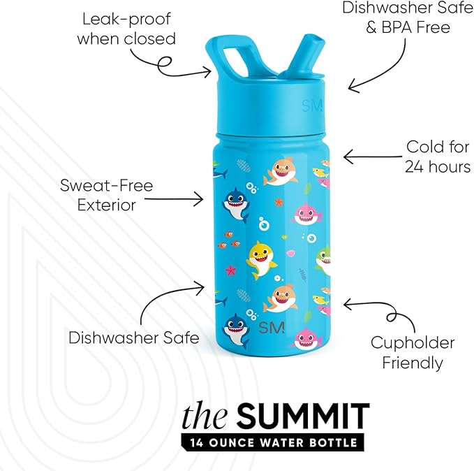 Simple Modern Kids Summit Water Bottle with Straw Lid | Baby Shark 14oz Stainless Steel Cup Insulated Tumbler for Toddlers, School | Baby Shark Friends