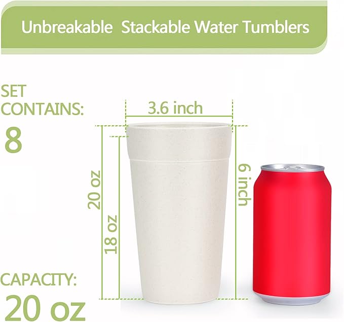 Homestockplus 20 Oz Tumbler Cups,Unbreakable Drinking Cups Microwave and Dishwasher Safe BPA Free E-Co Friendly Reusable Cup For Smoothies,Water,Wine,Alcohol Etc. Drinks【Set of 8】