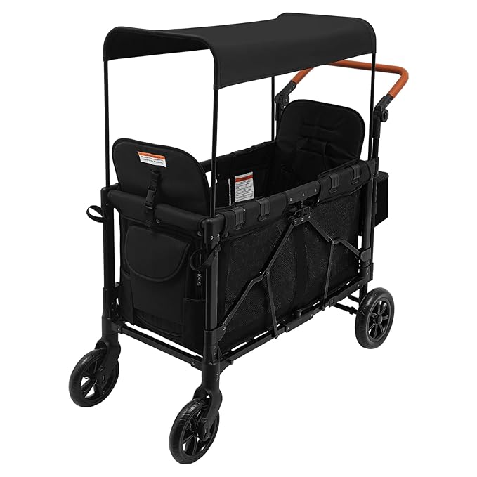2-Seat Stroller Wagon for Kids, All-Terrain 4-Wheel Push Pull Wagon with 5-Point Harness & Sunshade, Foldable Double Wagon Cart with Adjustable Handle for 0-6 Years Old