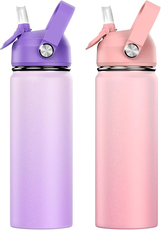 18oz Kids Insulated Water Bottle with Straw Lid - 18/8 Stainless Steel Kid Cup Travel Tumbler Double Wall Vacuum Leak Proof Portable Toddler Water Bottle (Pink+Purple）