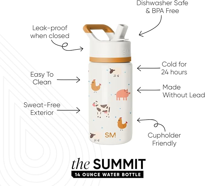Simple Modern Kids Summit Water Bottle with Straw Lid | 14oz Stainless Steel Cup Insulated Tumbler for Toddlers, School | Farm Animals