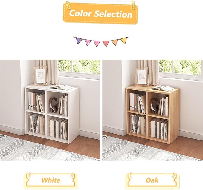 4 Cube Organizer Bookcase - Fabric Storage Bins Container, Open Shelf Simple Compartments Bookshelf, Oak