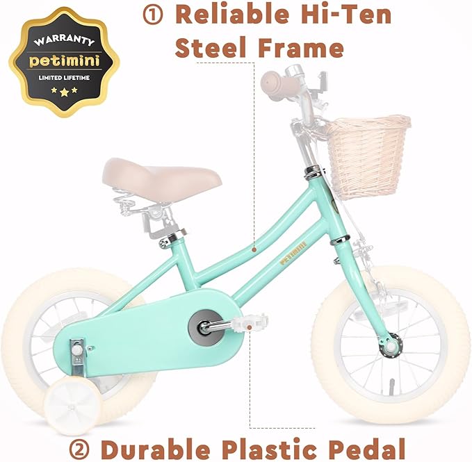 Petimini Girls Bike with Basket for 2-12 Years Old Kids, 12 14 16 18 20 Inch Bicycle with Bell Training Wheels Basket, Multiple Colors