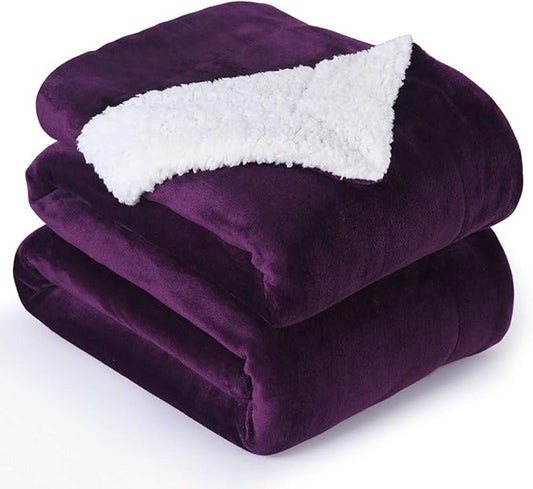 NANPIPER Bed Blanket Reversible Sherpa Flannel Blanket Super Soft Fuzzy Lightweight Fleece Microfiber (90"x90" Purple) Queen
