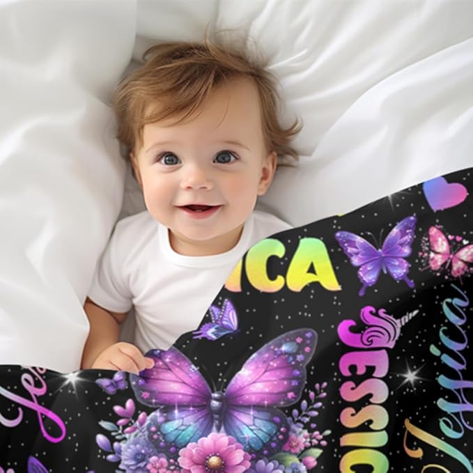 Custom Girl Blanket with Name Personalized Butterfly Blanket Customized Soft Throw Blanket for Newborn Toddler Teens Baby Shower Birthday