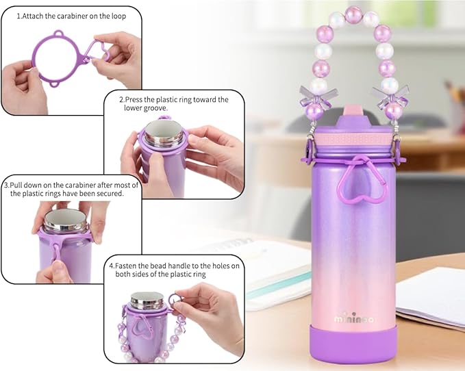 Mininoo Kids Water Bottle for School - 16 oz Stainless Steel Insulated Water Bottle with Ceramic-Lined, Leakproof Straw Lid & Beaded Handle for Girls & Boys