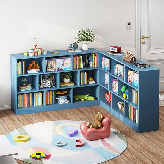 IOTXY Open Shelf Low Bookcase - Wooden 3-Tier Floor Standing Display Cabinet Organizer with Base, 8 Cubes Short Horizontal Bookshelf in Bright Blue