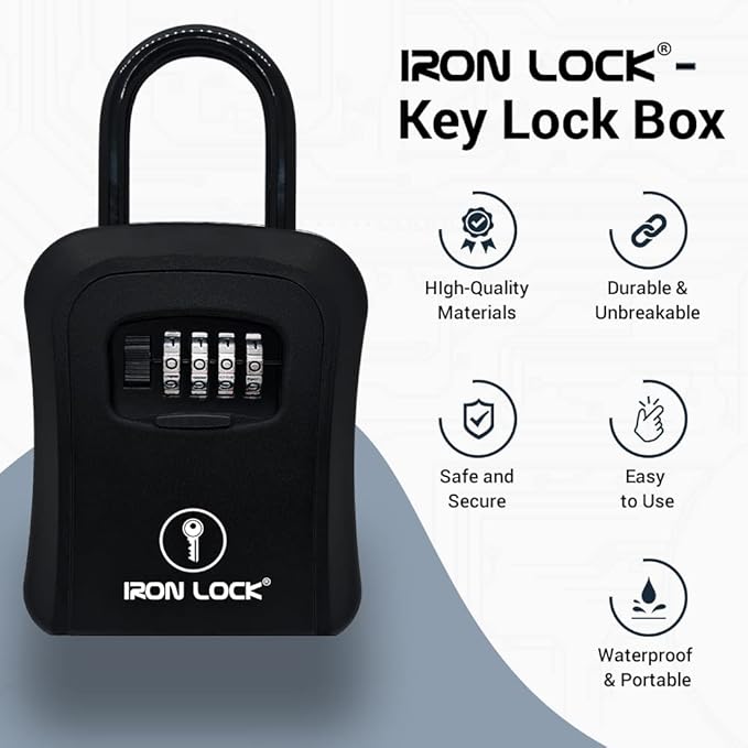 Iron Lock® Portable Key Lock Box and Wall Mounted with Removable Shackle Indoor Outdoor Waterproof 4 Digit Combination with Resettable Code with A B Switch Key Lockbox for Outside (Medium, Black)