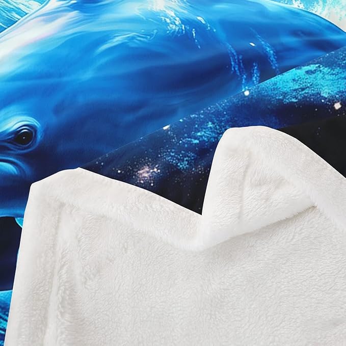 Galaxy Fleece Throw Blanket Dolphin Sherpa Blanket for Sofa Couch Bed Outer Space Psychedelic Swirl Plush Blanket Ocean Marine Themed Blue Bright Fuzzy Blanket Bedroom Decor Queen 90x90 Inch
