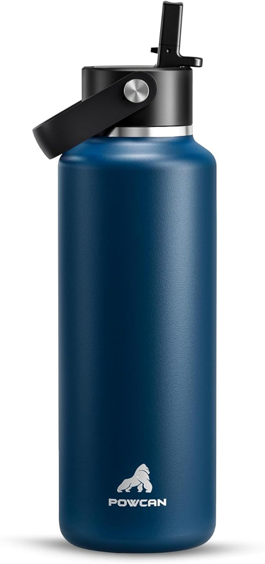 POWCAN Kid Water Bottle Insulated: Leakproof Lid with Straw, Lightweight, BPA-Free, Flex Cap, Stainless Steel Water Bottle for School, Boy, Outdoors, Walking, Cycling, Camping, Birthday (Indigo Blue)