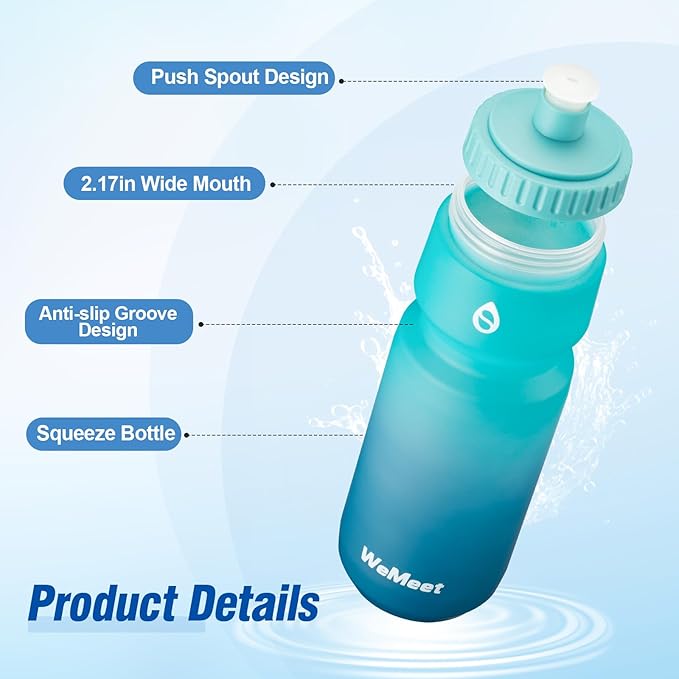 2-Pack Bike Water Bottle with Bite Valve, BPA Free, Fits Most Bike Cages, for Hiking, Bicycle Squeeze Sport Water Bottle for Riding, Hiking (Black & Green Blue, 32oz)