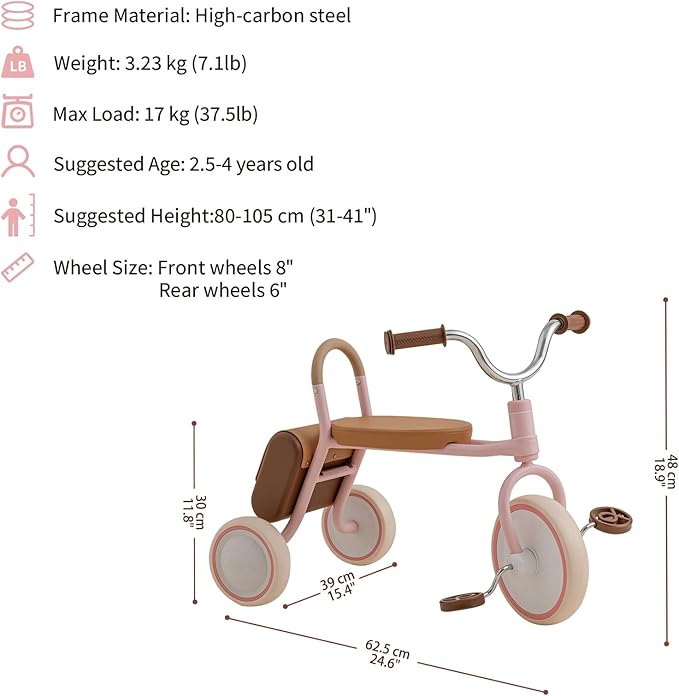 Kidpop Mate Toddler Tricycle Age 2.5-4 Kids First Birthday Gift Toy Bike with Handlebar Grips & Storage for Outdoor Play (Pink)