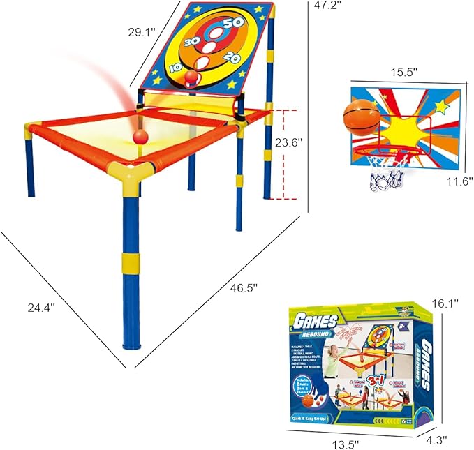 3 in 1 Trampoline Ping Pong Table Tennis Basketball Ball Score Games for Kids, Includes 2 Paddles, 2 Balls and Inflatable Basketball, for Indoor or Outdoor Use