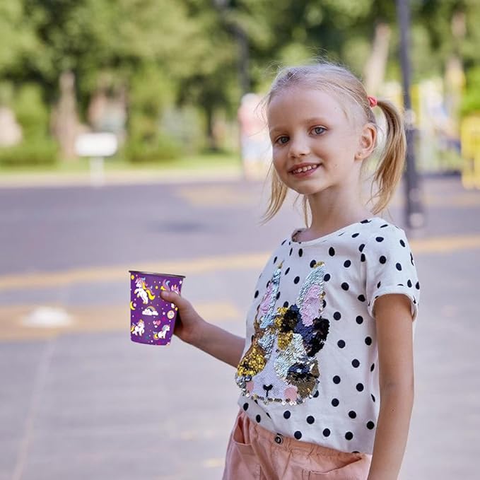 LOZACHE Stainless Steel Kids Cups, 4 Pack 12oz Metal Drinking Pint Cup with Fun Prints (Unicorn, Mermaid, Dinosaur, Vehicles), Stackable Drinking Glasses, BPA Free, Reusable for Home Party Camping