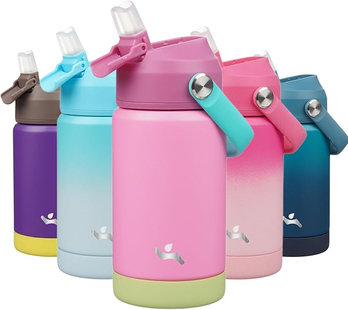 Insulated Water Bottle with Straw Lid,12 oz Stainless Steel Vacuum Metal Bottle with Silicone Handle,Rose Pink