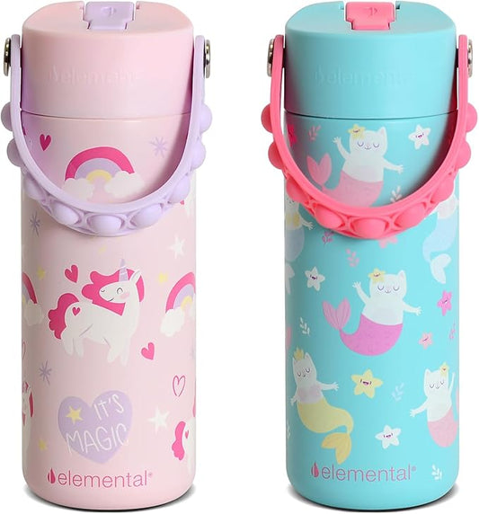 Elemental 100% Leak Proof When Spout is Closed Insulated Kids Water Bottle, Stainless Steel Bottle for School with Straw Lid & Pop-It Handle, Unicorn Magic & Meowmaid - 18oz (2 Pack)