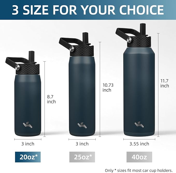 20oz Insulated Stainless Steel Water Bottle with Straw and 3 Lids, BPA-Free Sports Water Bottle,travel water bottle,Navy Blue