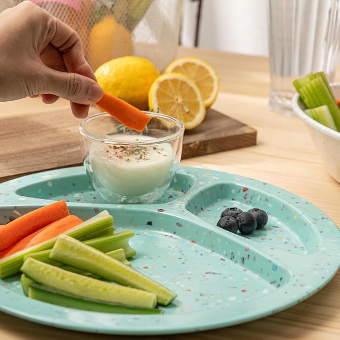 bzyoo 11-Inch Divided Green Set of 2 - Confetti Green BPA-Free, 100% Melamine Portion Control Plates Unbreakable, Dishwasher Safe Plates with Dividers for Weight Loss, Camping, BBQ Parties Fun