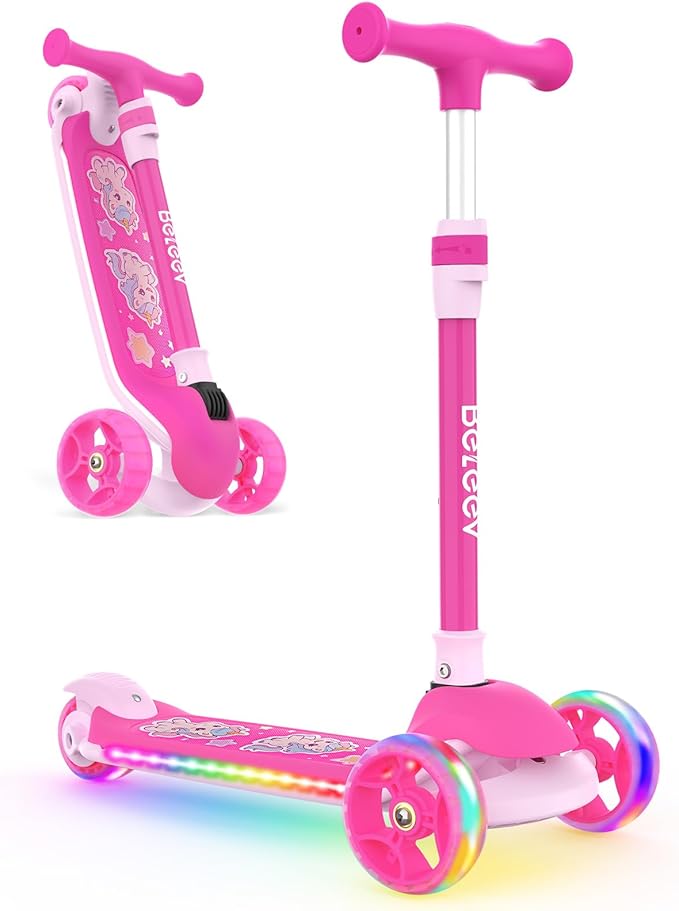 BELEEV A9 Kids Scooter with LED Light-Up Wheels & Deck, 3 Wheel Folding Scooter for Toddlers Girls Boys Ages 3-12, Adjustable Handlebar, Lean to Steer, Extra-Wide Wheels, Kick Scooter for Children