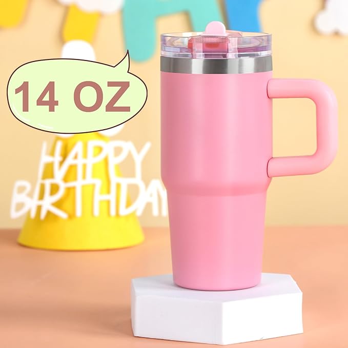 Cosictic 14 Oz Flip Straw Tumbler with Handle for Kids, Stainless Steel Double Wall Insulated Cup for Children with Flip Top Lid, 14 Oz Leak-proof Cups for Kids,Purple and Pink