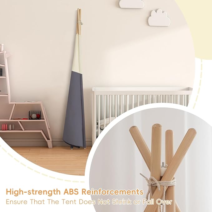 Teepee Tent for Kids, 100% Cotton Play Tent with Mat, Kids Teepee Tent with Colored Flag, Quality Portable Play Tent with Carry Bag for Girls and Boys Indoor Outdoor (Beige Gray with Mat)