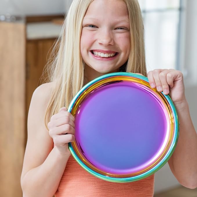Ahimsa Stainless Steel Plates for Kids, 9" Colorful Stainless Steel Plates, Pediatrician Designed & Non Toxic, Unbreakable, Dishwasher Safe, Set of 4 Rainbow