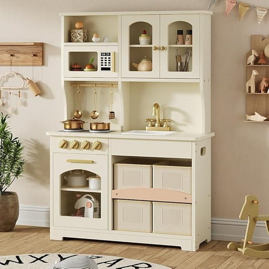 Play Kitchen for Kids, Wooden Toy Kitchen Set with Smart Storage & Accessories, Toddler Kitchen Playset with Stove & Oven, Pretend Play Set, Gift for Ages 3-8, White
